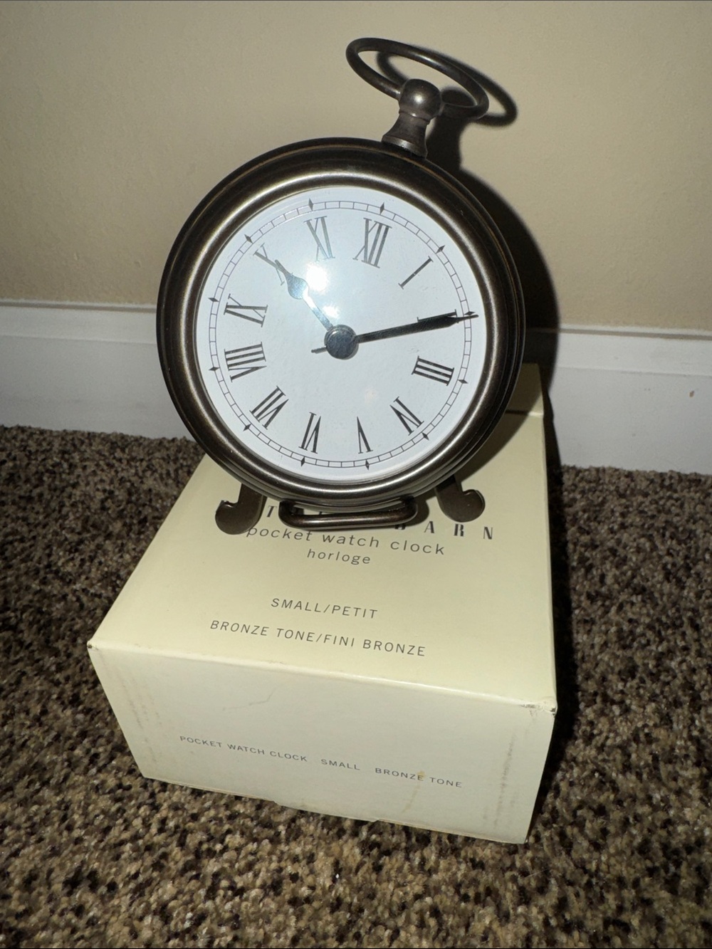 Pottery Barn Bronze-Tone Pocket Watch Table Clock with White Dial